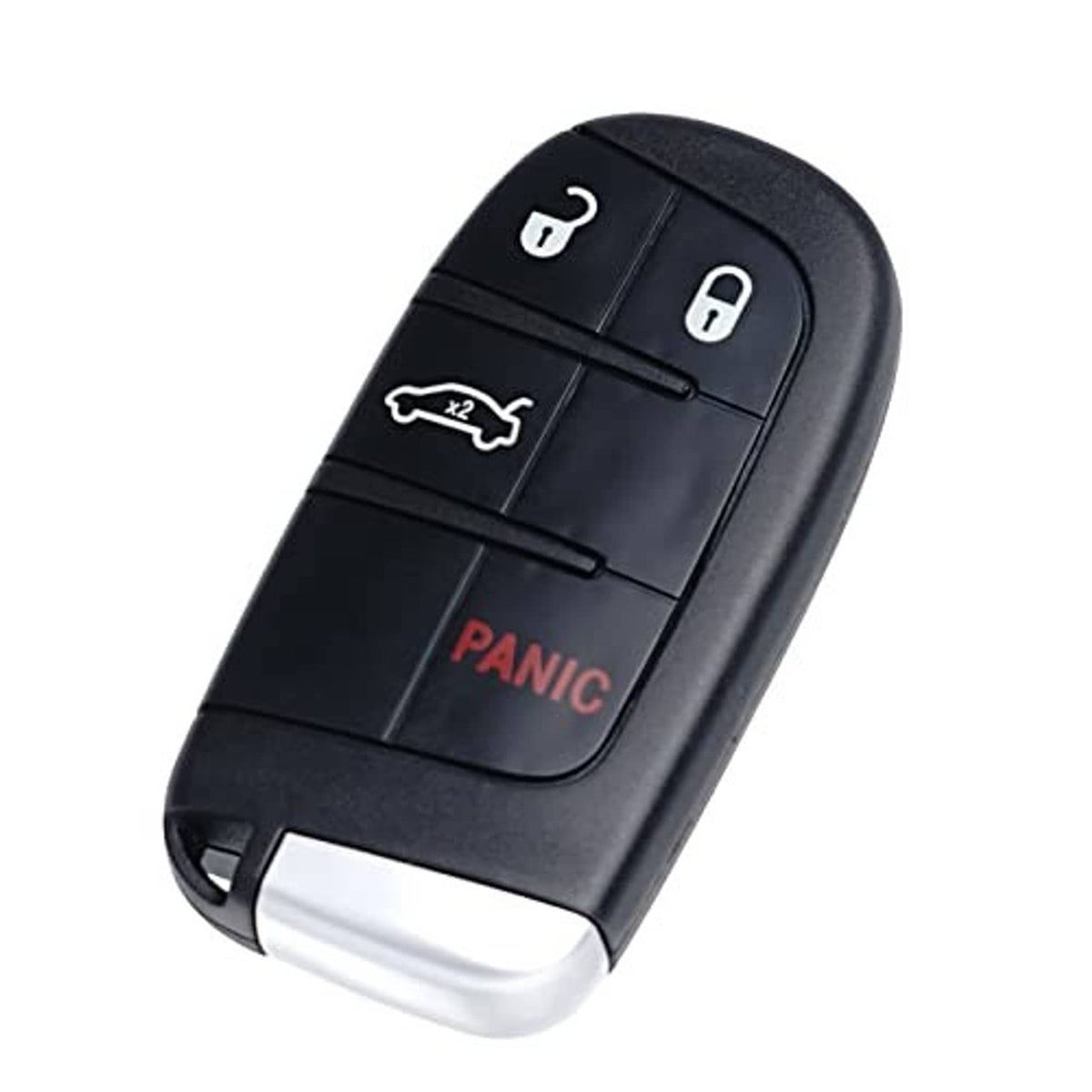 Black smart key fob in angled view with metal key blade and red PANIC button.