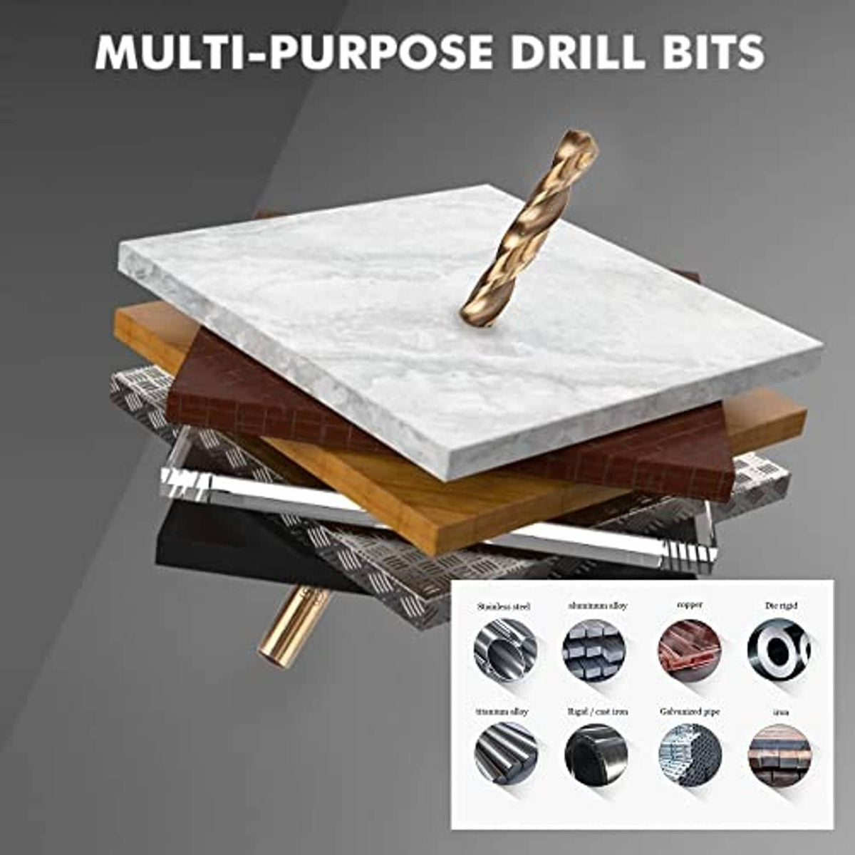 Gold twist drill bit held above stacked materials, multi-purpose drilling scene