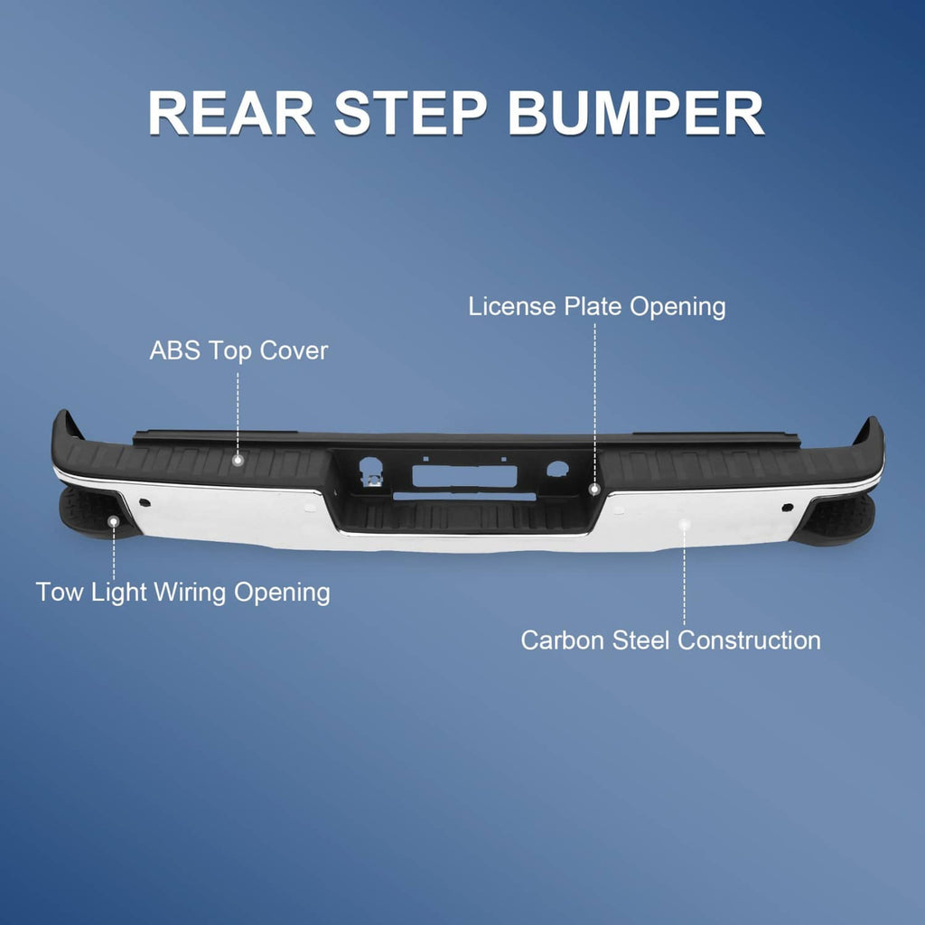 Rear step bumper diagram showing ABS top cover, license plate and tow light openings