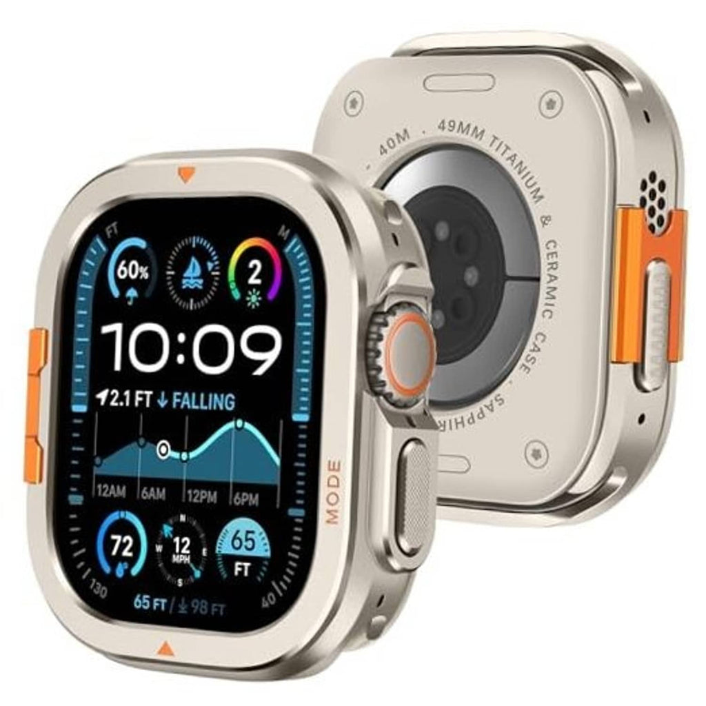 Metal Apple Watch 49mm case with titanium-style frame, orange buttons, front and back view