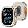 Metal Apple Watch 49mm case with titanium-style frame, orange buttons, front and back view