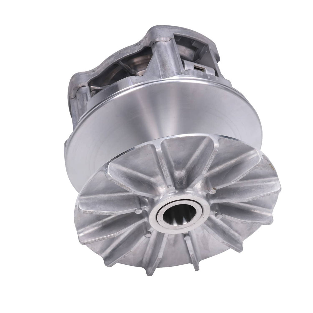 Three-quarter view of metal drive clutch assembly with machined pulley and central bore
