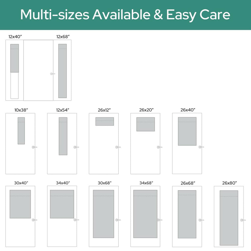Multi-size chart showing measurements for light grey blackout door window curtain panels