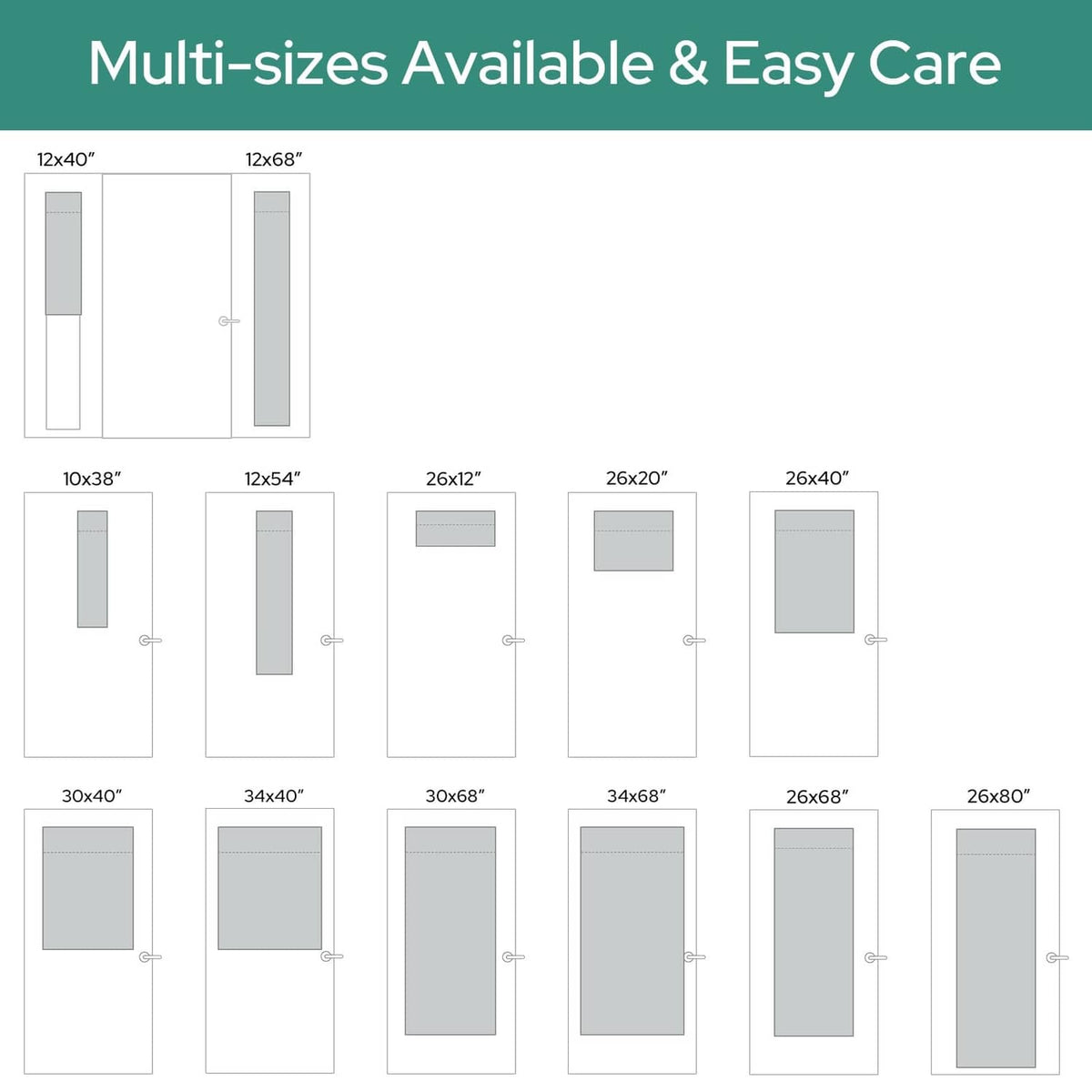 Multi-size chart showing measurements for light grey blackout door window curtain panels