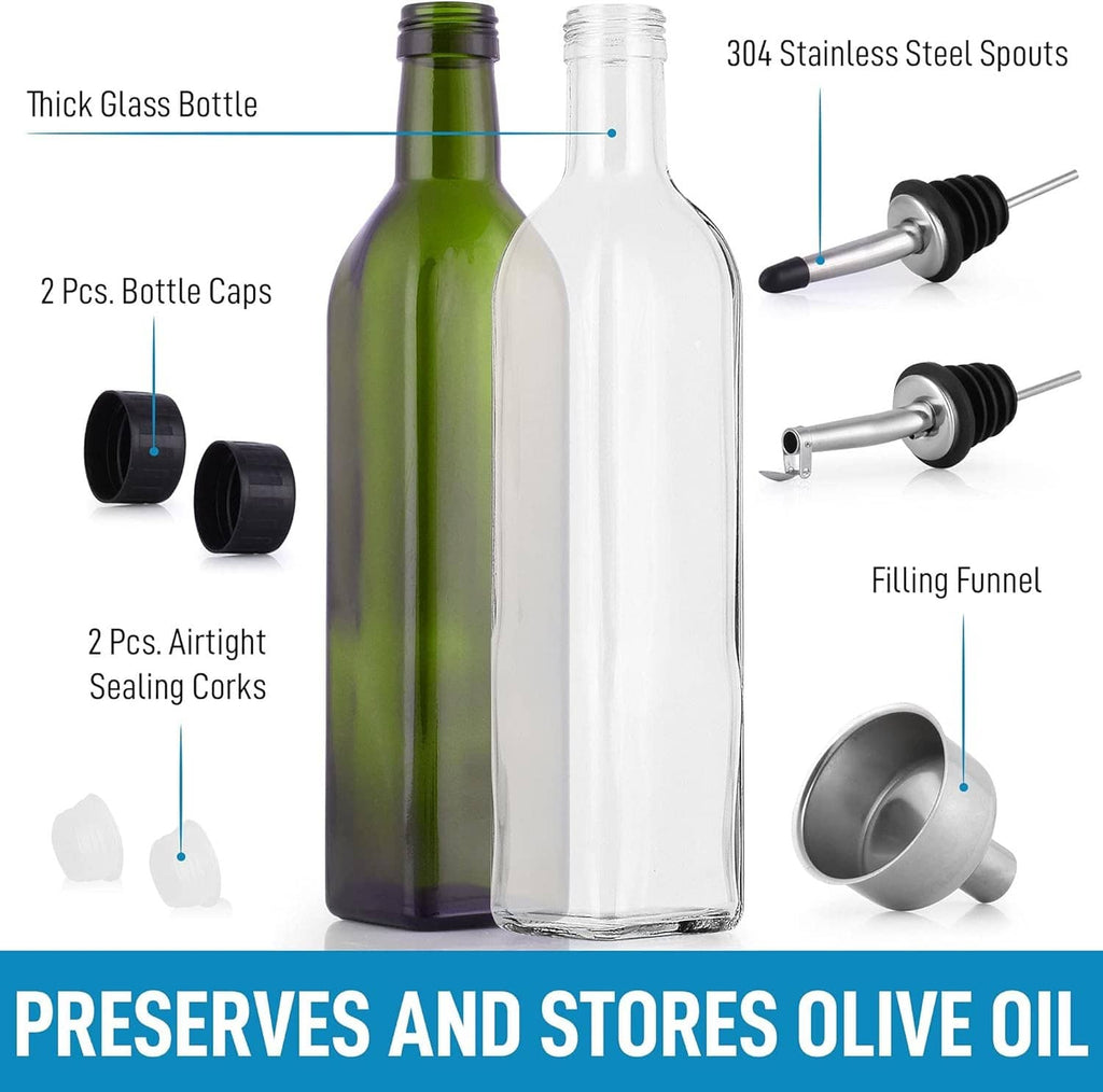 Two glass bottles with stainless pour spouts, bottle caps, and filling funnel