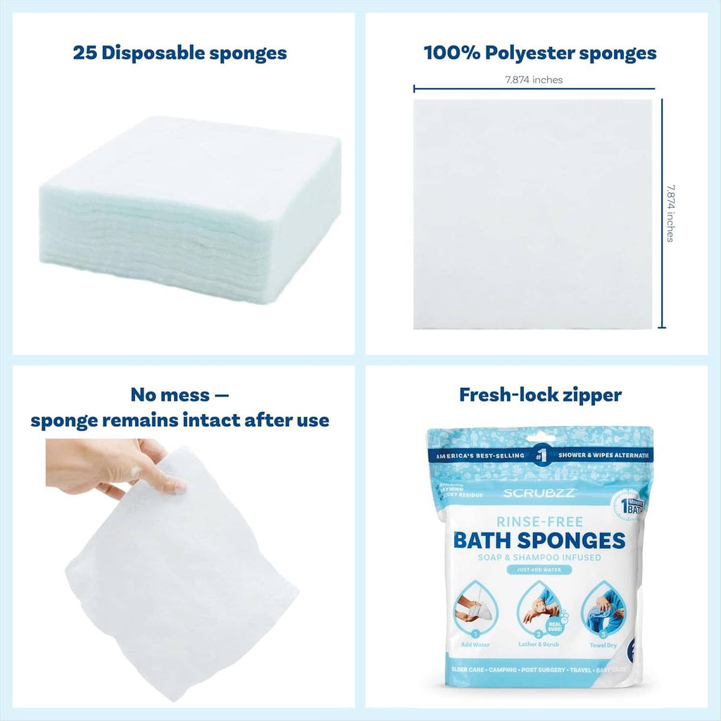 Set of white bath sponges and 25-count pouch with fresh-lock zipper