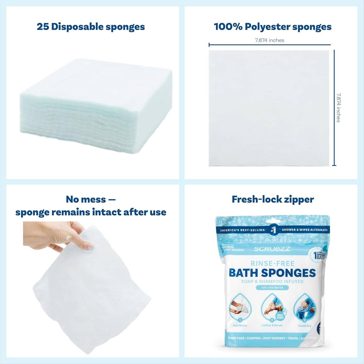 Set of white bath sponges and 25-count pouch with fresh-lock zipper