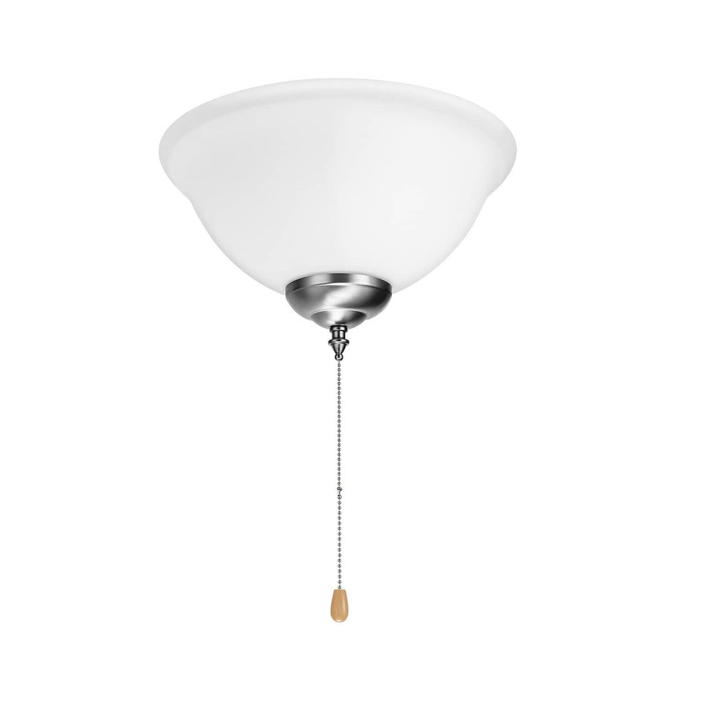 Ceiling fan light kit with white bowl shade and pull chain cord, front view