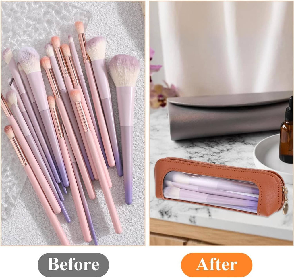 Brown PU makeup pouch with clear window holding brushes, portable travel cosmetic case