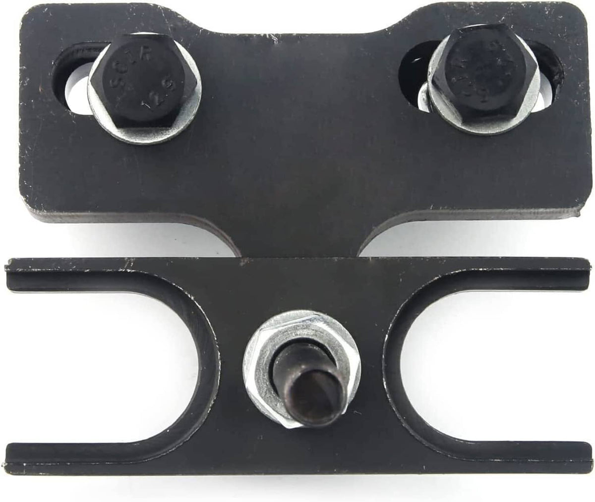 Valve spring compressor support plate with central opening and two bolt holes