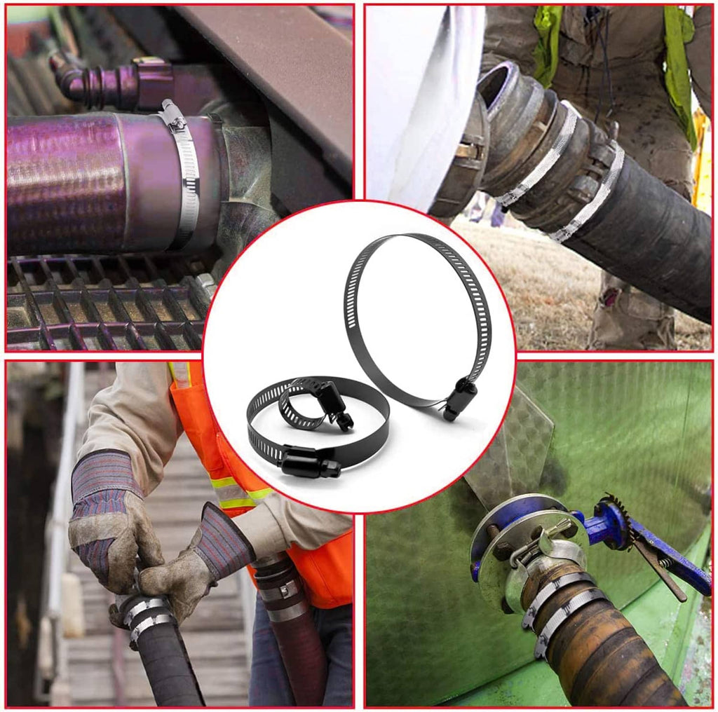 Black hose clamp securing hoses on pipes, with perforated band and screw buckle