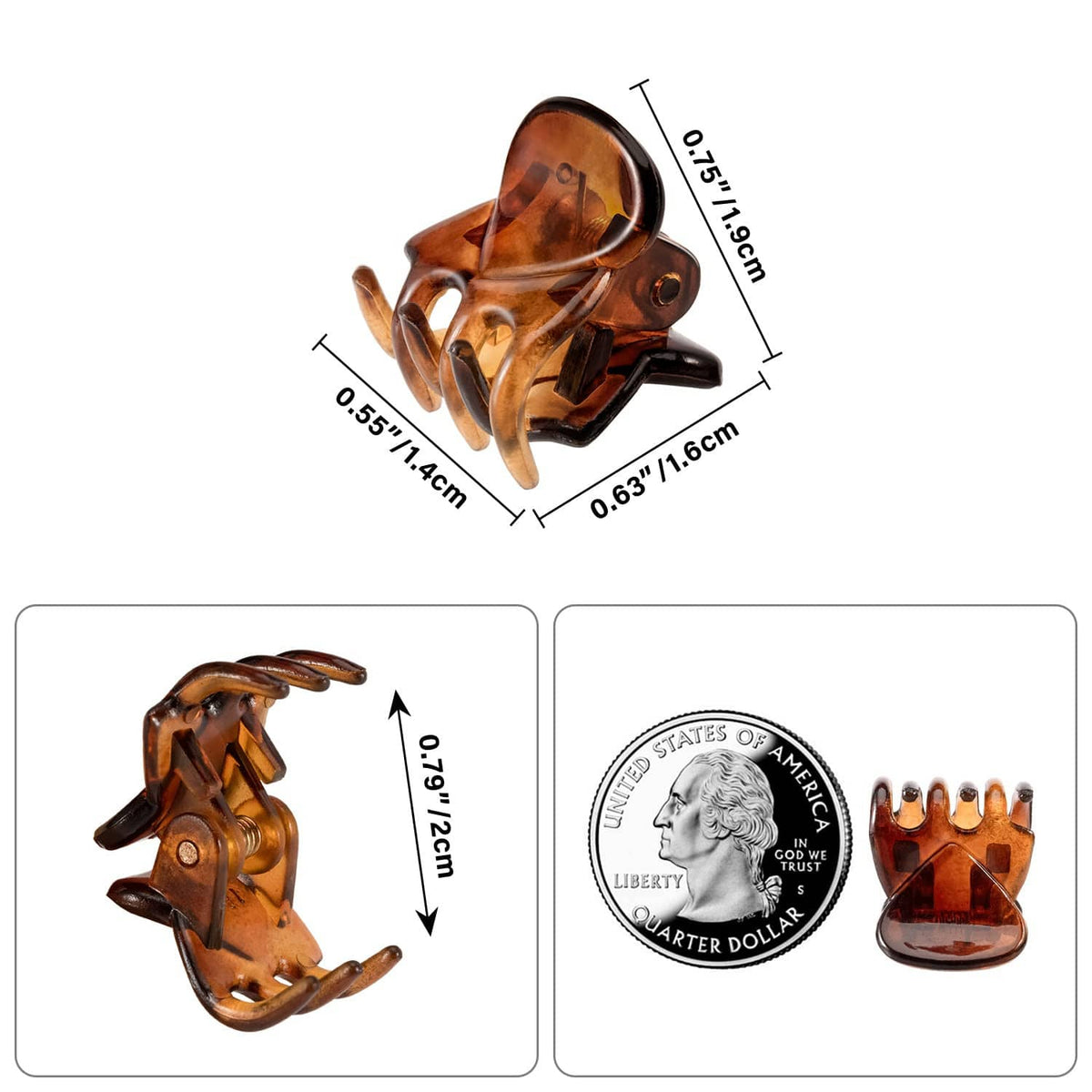Brown mini claw hair clip shown with size measurements