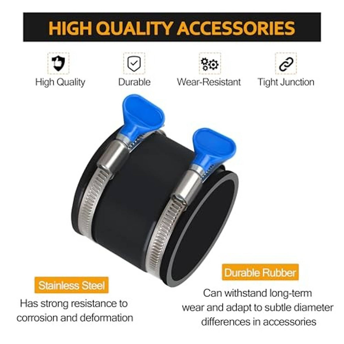 Black rubber dust cuff coupler with two stainless steel bands and blue tightening tabs