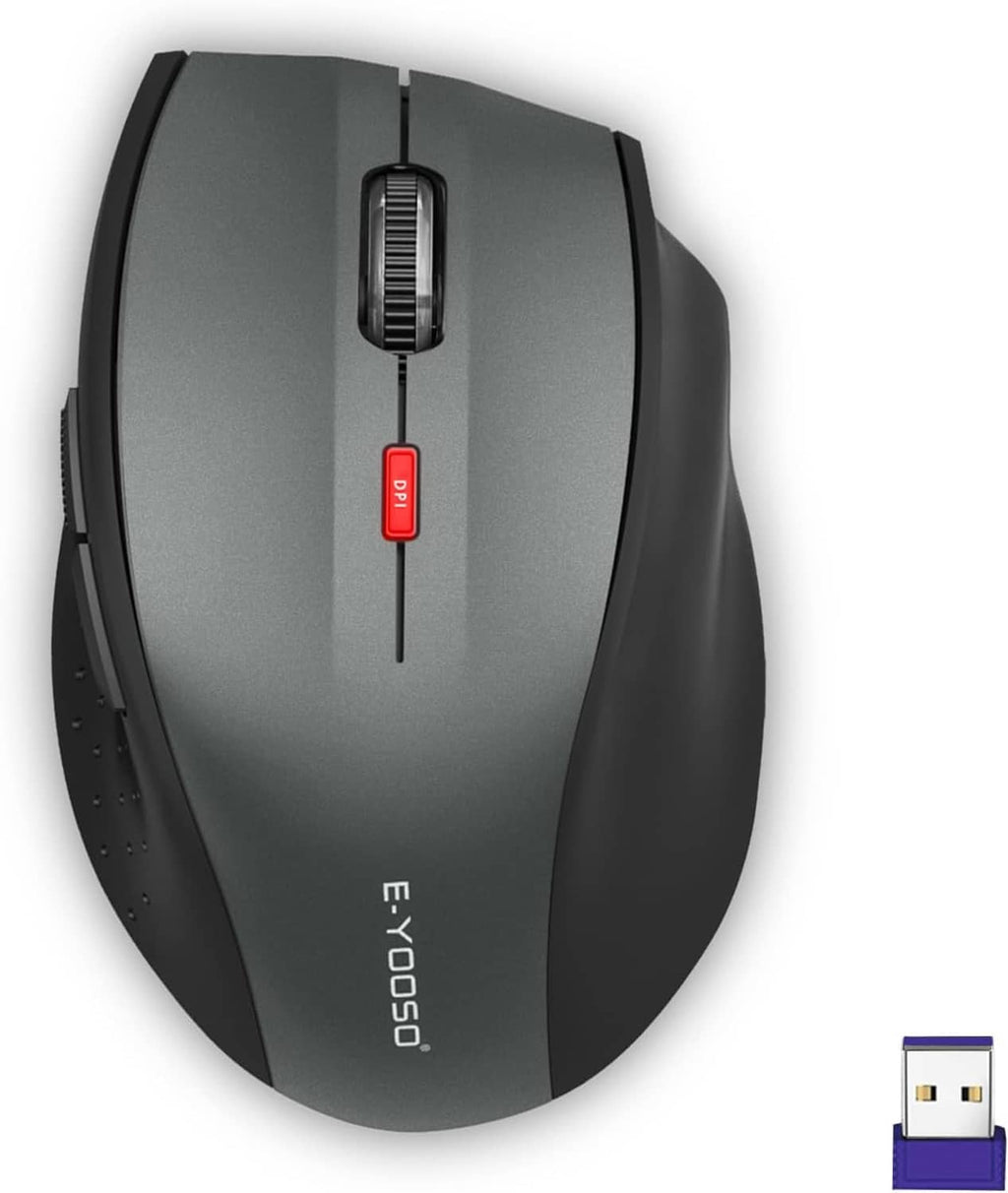 Wireless computer mouse in dark gray/black with scroll wheel and red side button