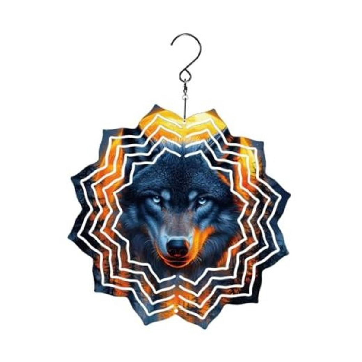 Wolf wind spinner with 3D stainless steel rosette, blue face and orange striped frame
