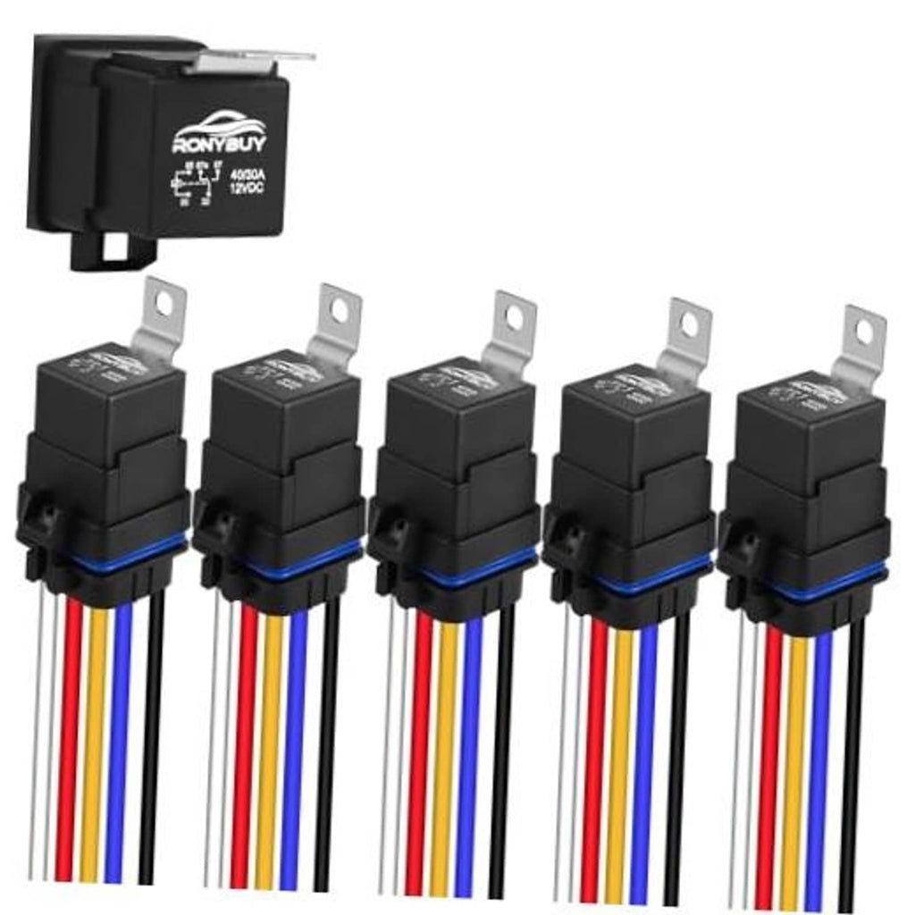 Set of five black 12V relays with blue waterproof ring and multicolor wire leads