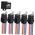 Set of five black 12V relays with blue waterproof ring and multicolor wire leads