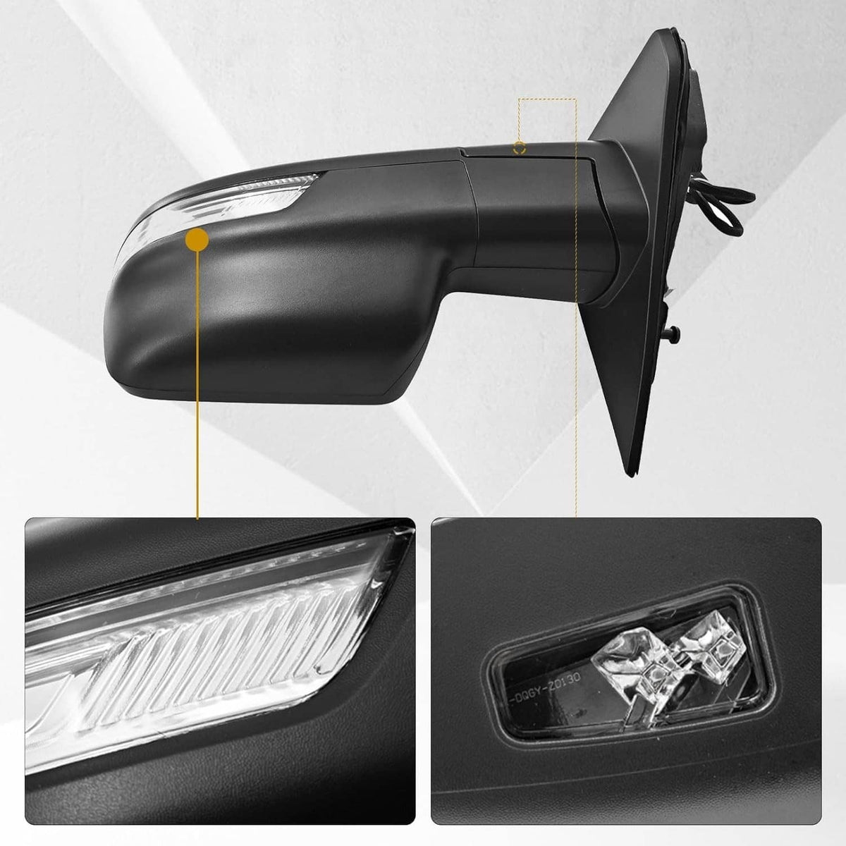 Black side mirror with integrated turn-signal reflector and heated function