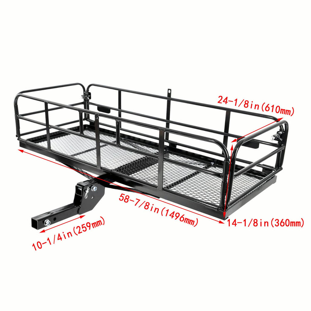 Foldable hitch cargo basket rack with mounting hardware and labeled dimensions