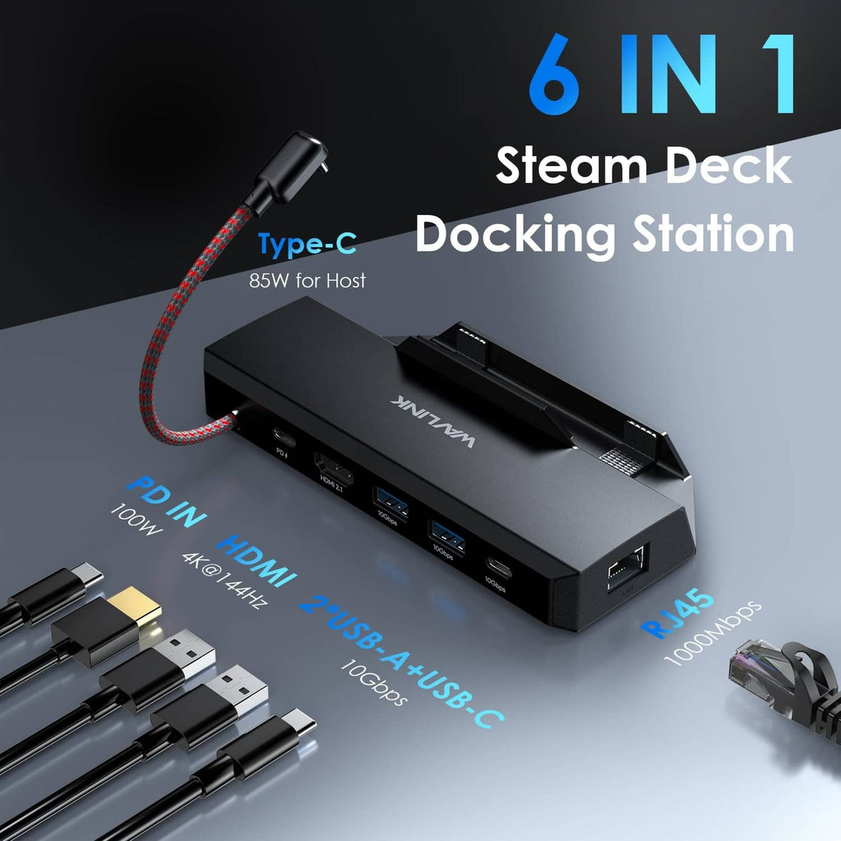 Black Steam Deck docking station with USB-C input and multiple HDMI/USB ports