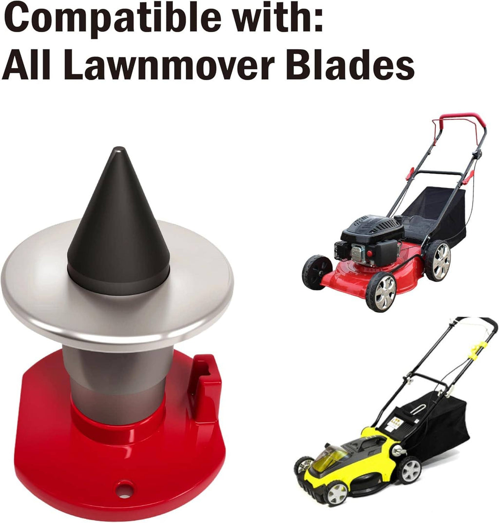 Magnetic blade balancer with red base and silver cone, shown with lawn mower examples