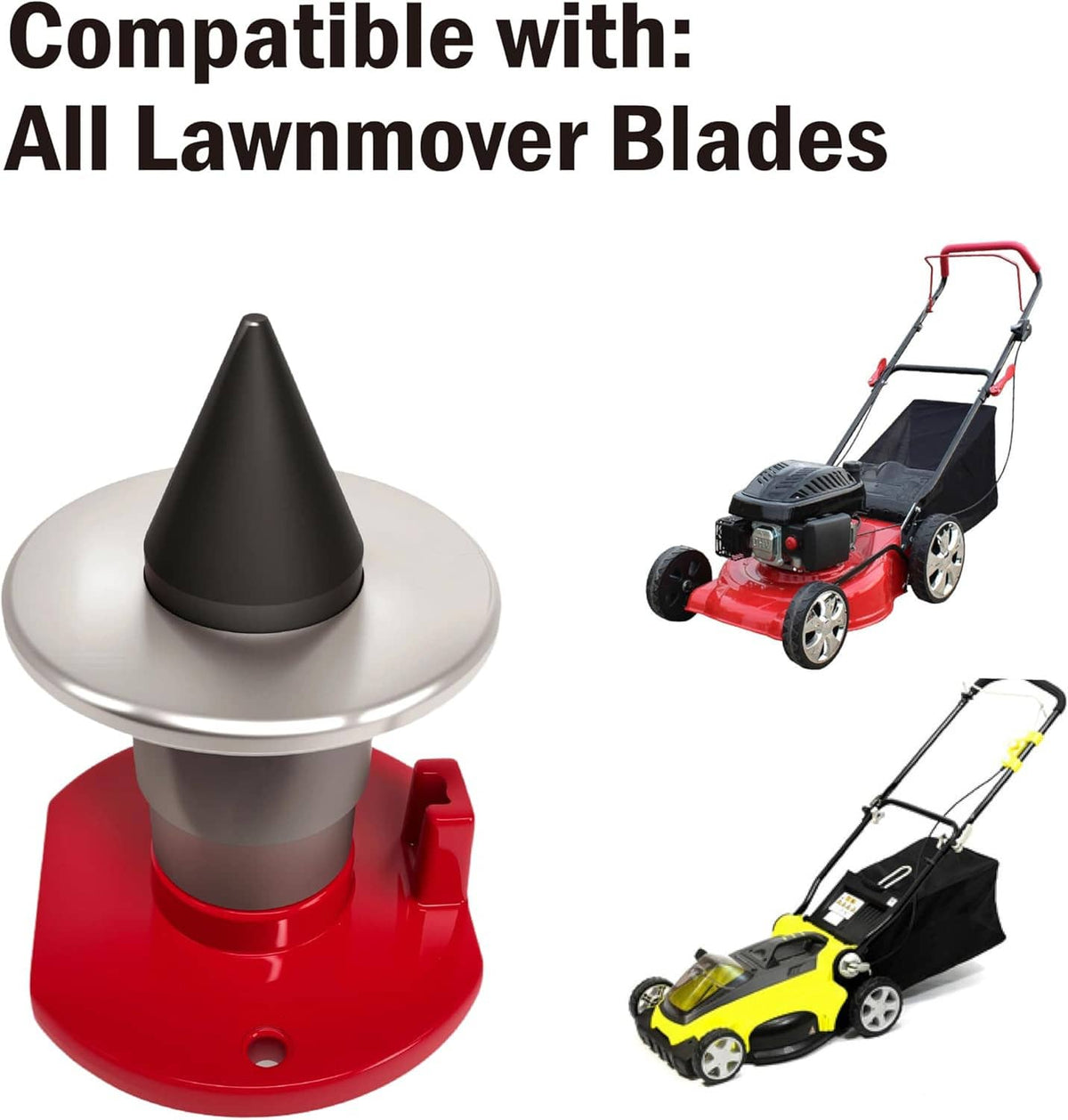 Magnetic blade balancer with red base and silver cone, shown with lawn mower examples