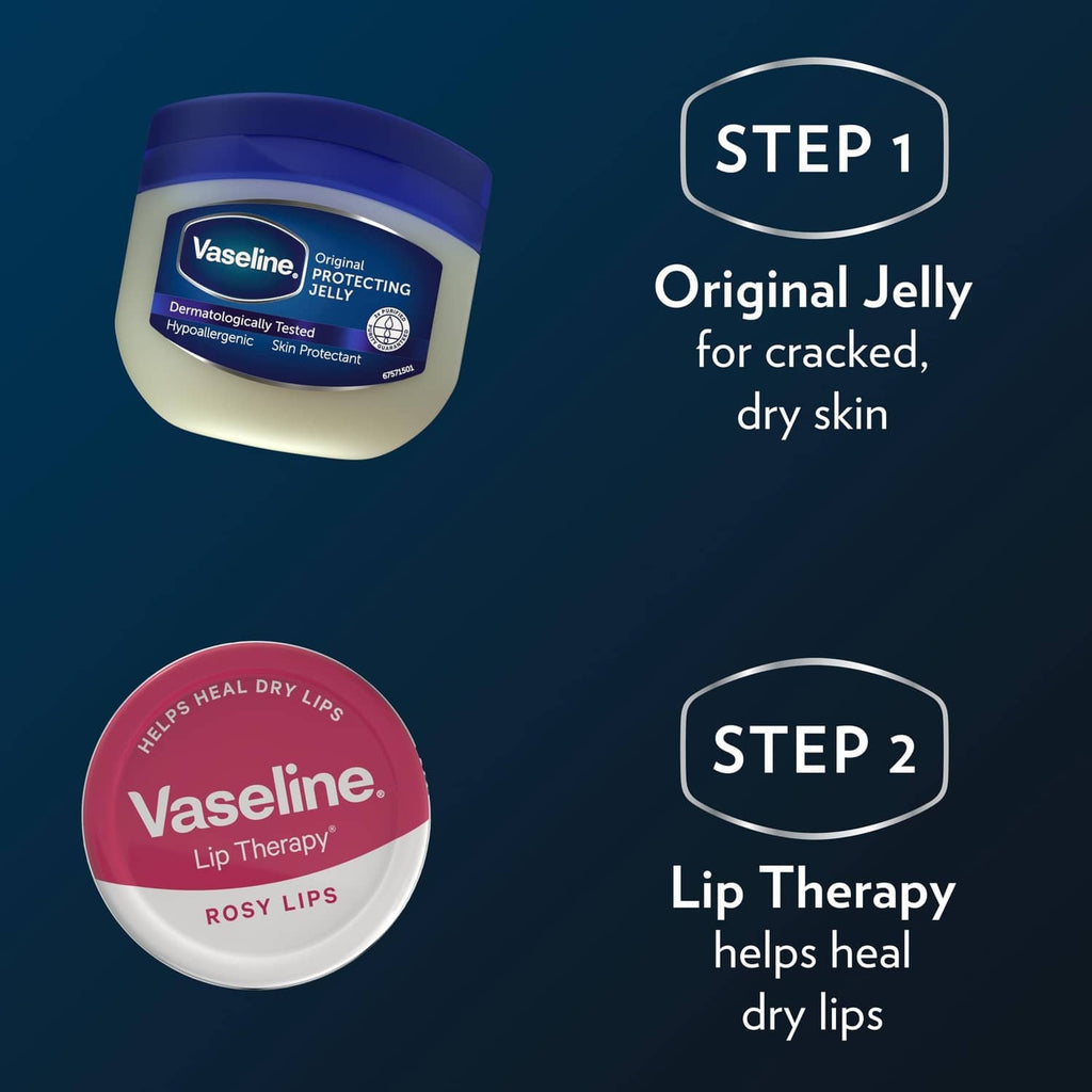 Two Vaseline jars: Original Protecting Jelly and Lip Therapy Rosy Lips, both sealed