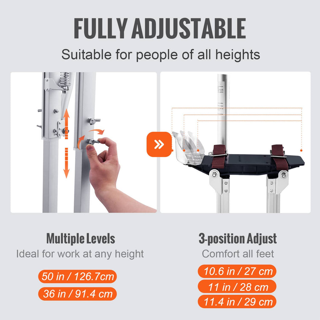 Fully adjustable drywall stilts with multiple height settings and a 3-position adjuster