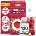 Hibiscus herbal tea bags package with 120 count box and cup of red tea