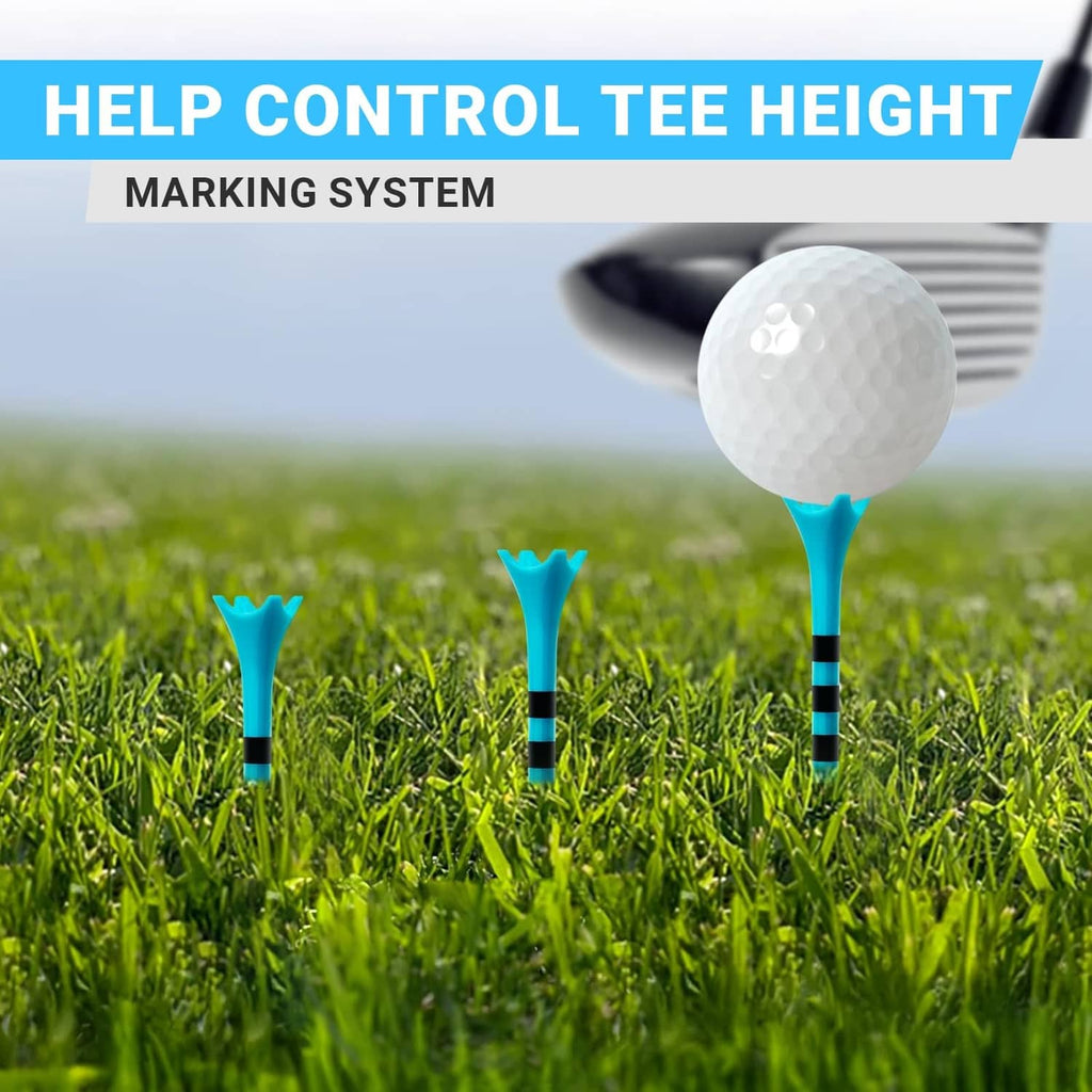 Three blue plastic golf tees standing on grass, 4-prong heads visible