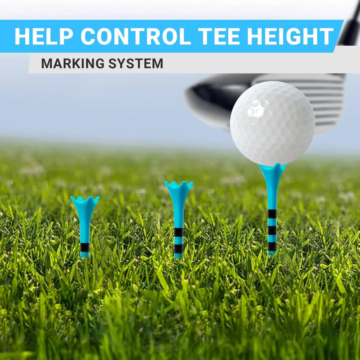 Three blue plastic golf tees standing on grass, 4-prong heads visible