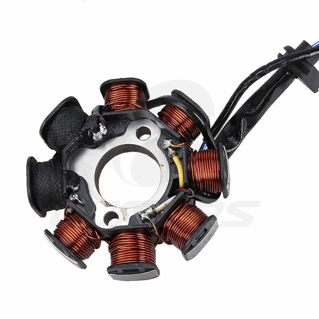 8-coil stator magneto close view with copper coils and black insulation boots on leads