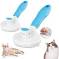 Set of two blue self-cleaning slicker cat brushes with white circular grooming heads