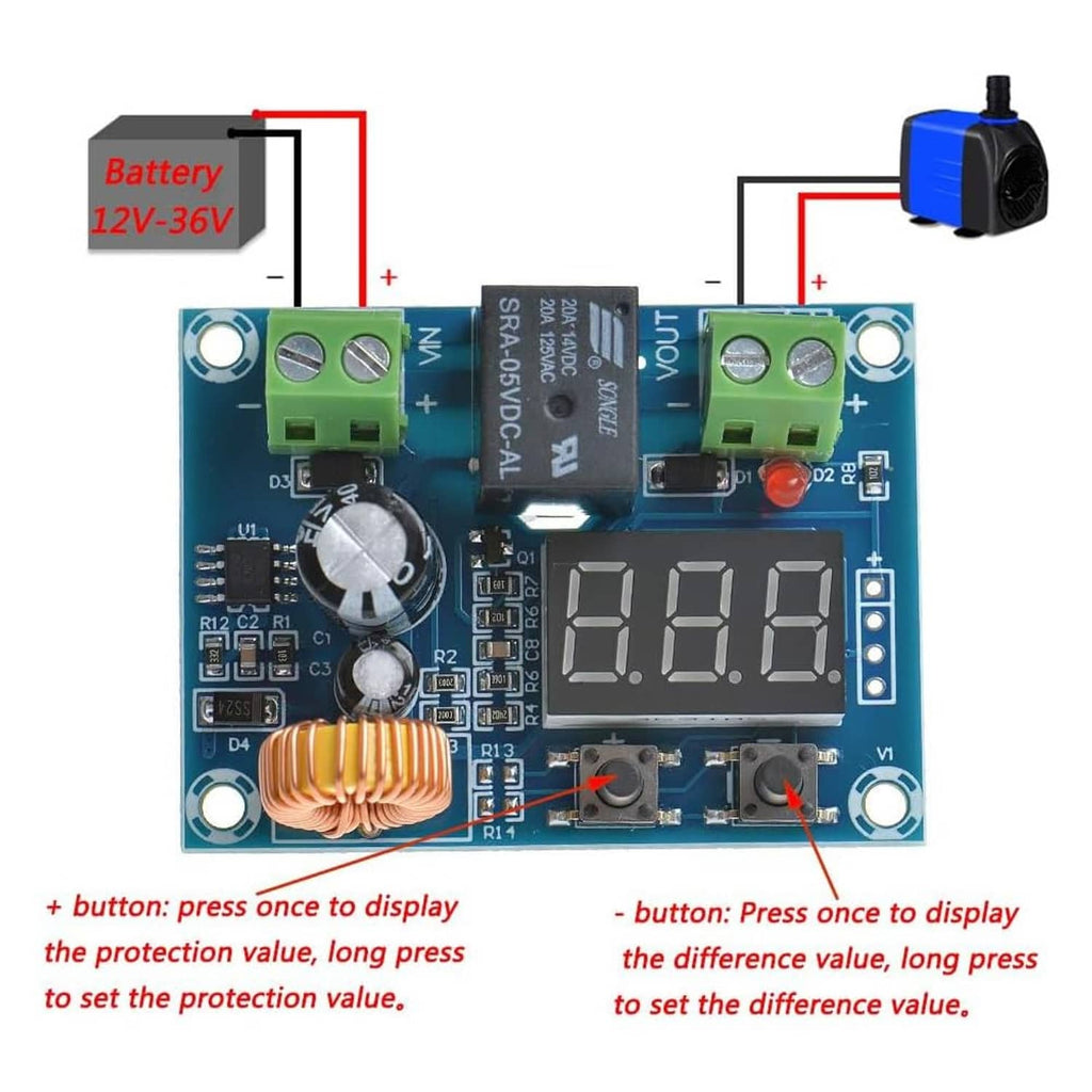 Blue PCB low-voltage disconnect switch module with 7-seg display and green screw terminals