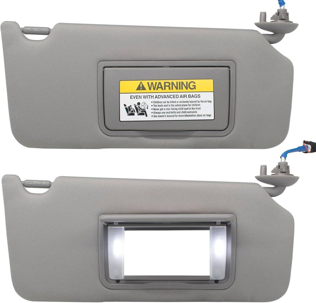 Gray sun visor set with built-in vanity lights and warning label