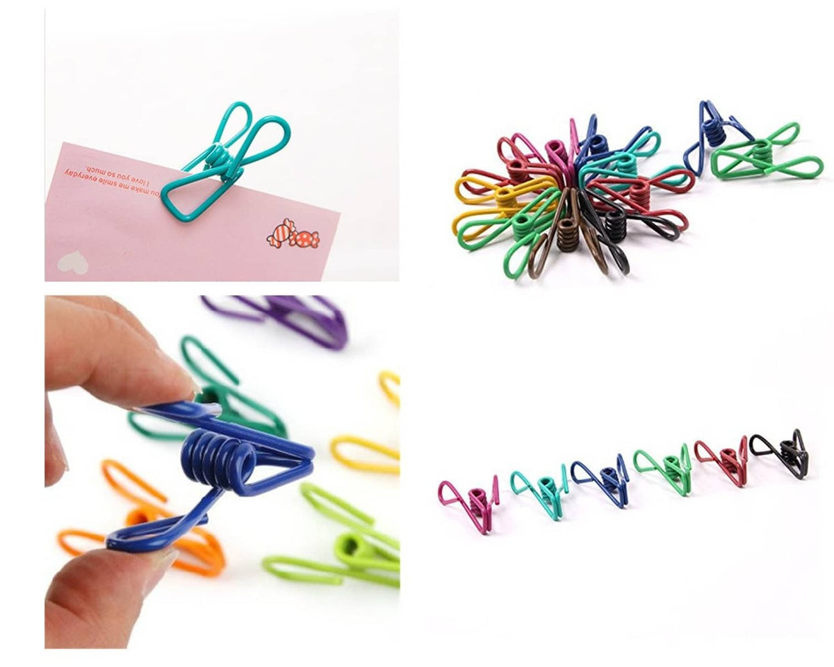 Mixed-color chip clips shown in close-up, including hand holding several clips