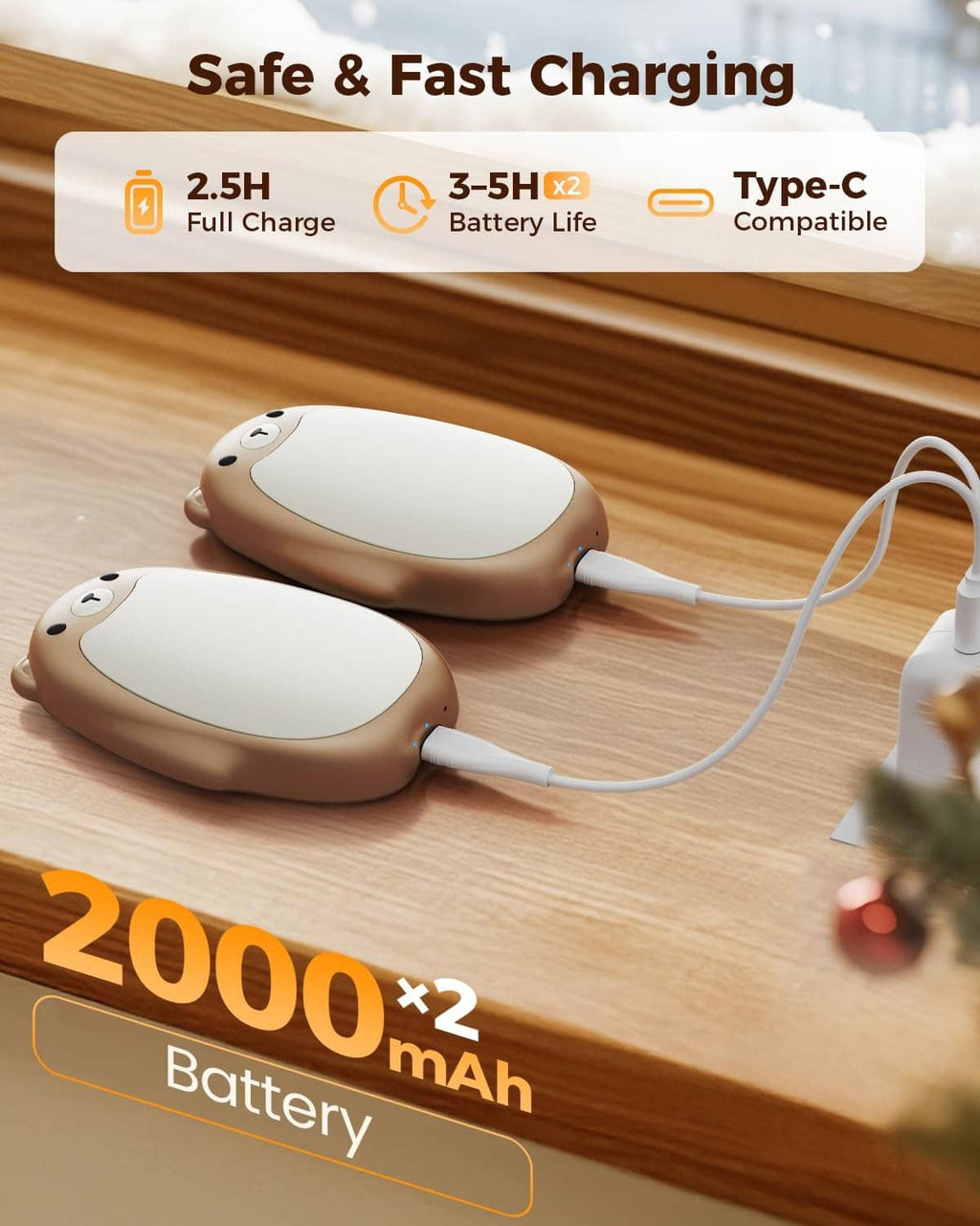 Brown bear rechargeable hand warmers charging with USB-C cable, 2 pack