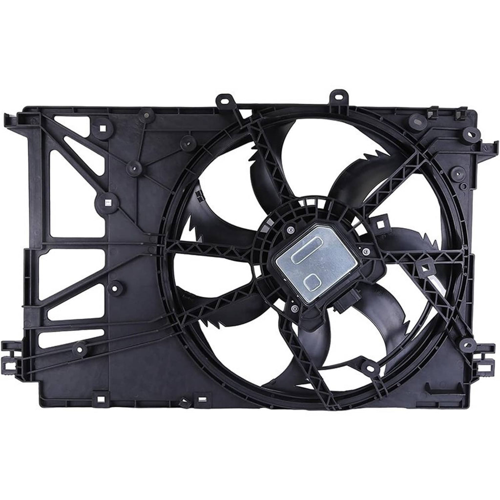 Radiator cooling fan assembly with black shroud and four-blade fan, mounting brackets