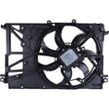 Radiator cooling fan assembly with black shroud and four-blade fan, mounting brackets
