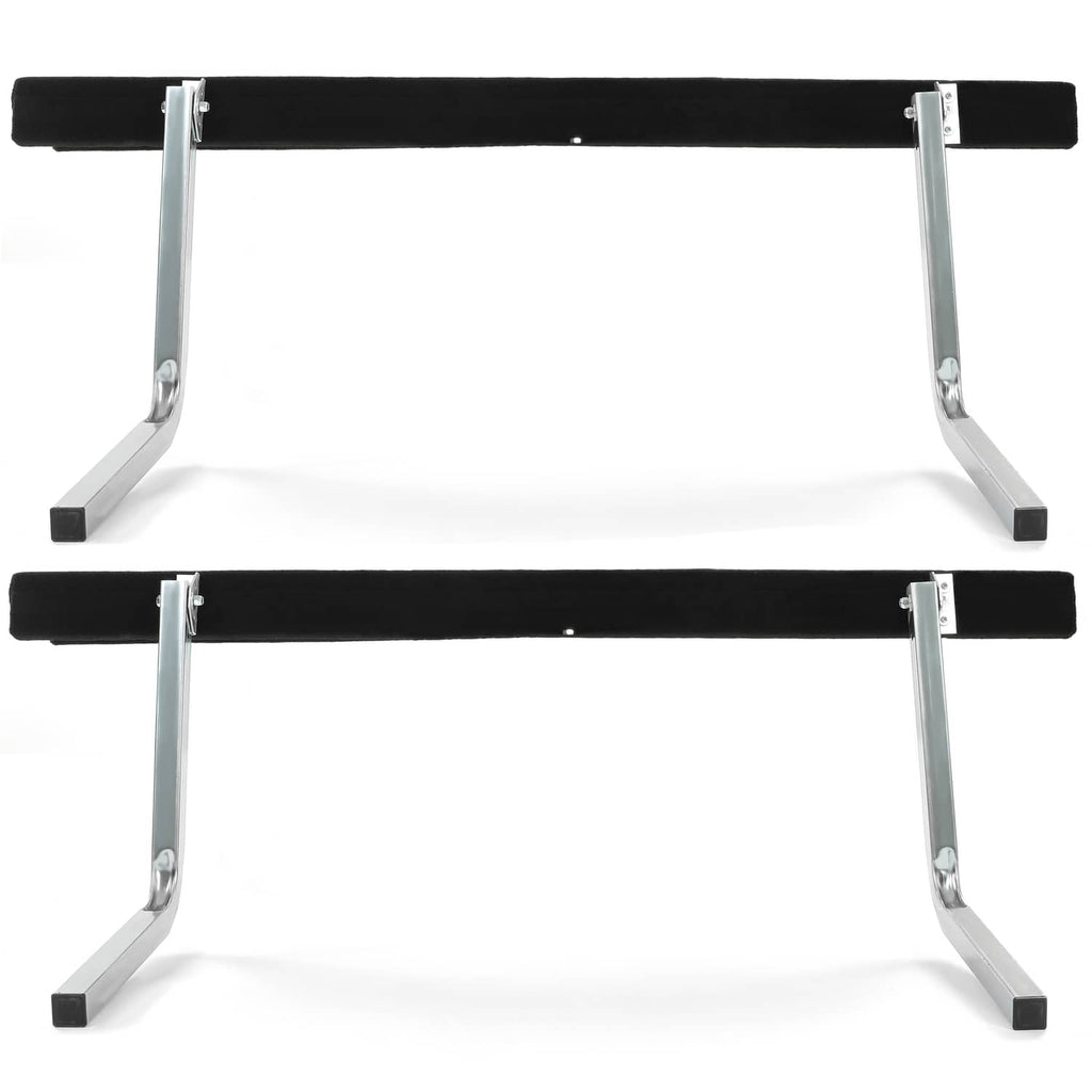 Two black foam bunk guide rails with silver stand legs, fully assembled
