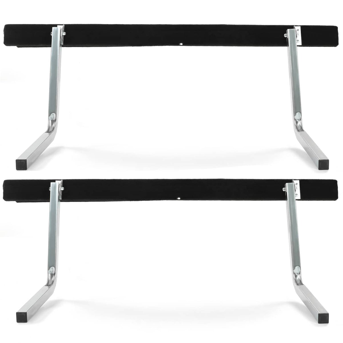 Two black foam bunk guide rails with silver stand legs, fully assembled