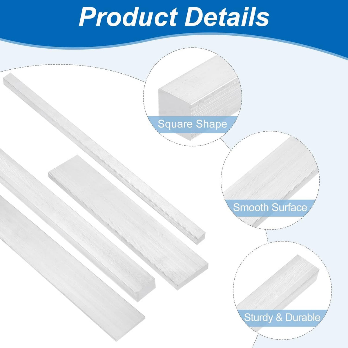 Aluminum square flat bar bundle, smooth silver surface with square corners.
