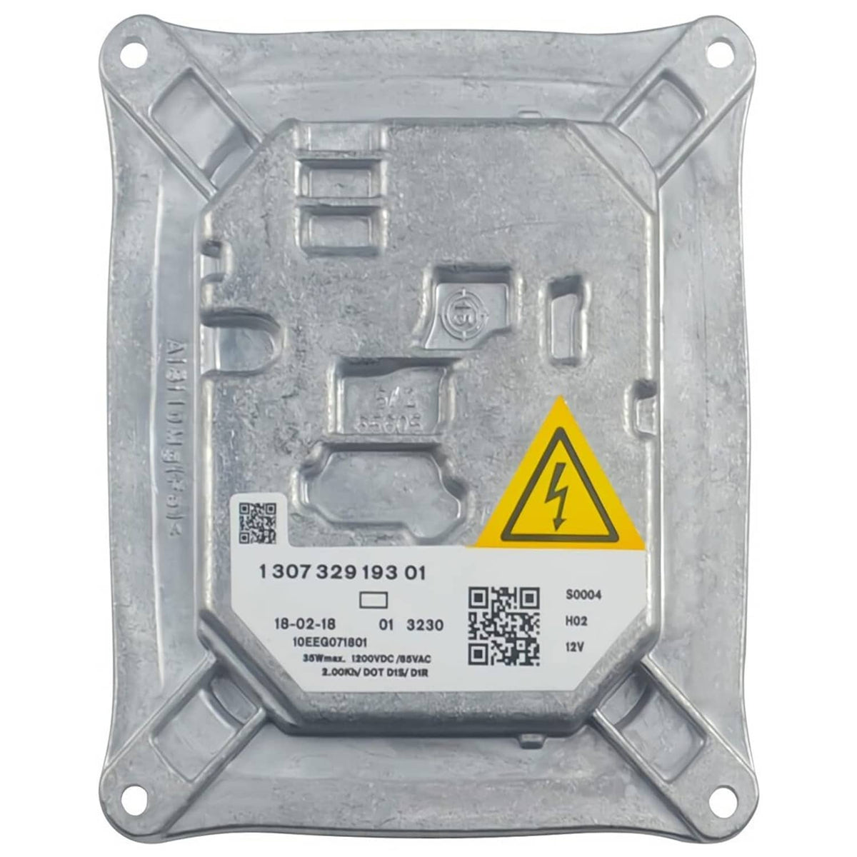 Silver HID ballast module back panel with QR label, sockets, and warning triangle