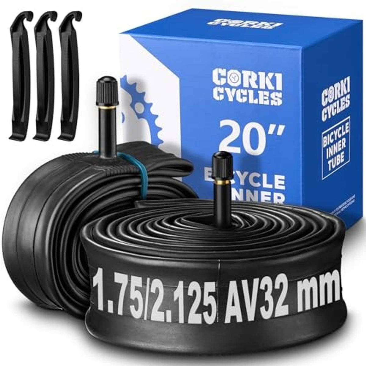 Two black 20-inch bike inner tubes with AV32 Schrader valve and blue box
