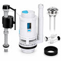 Dual flush toilet valve replacement kit parts: flush valve, fill valve, push button, gasket