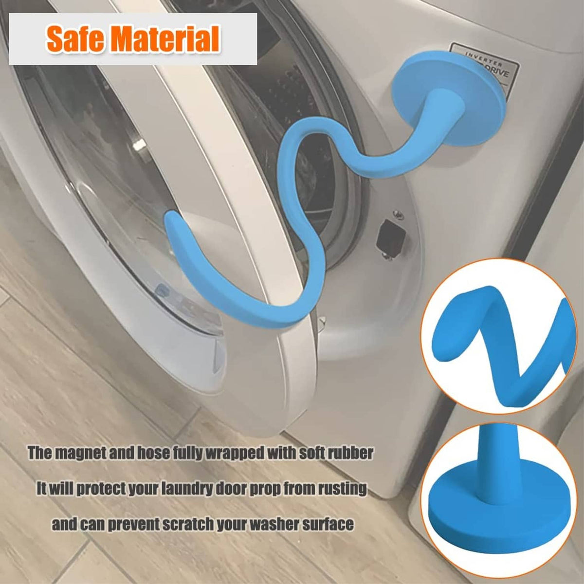Blue magnetic washer door prop with rubber-wrapped magnet and hose for safe use.