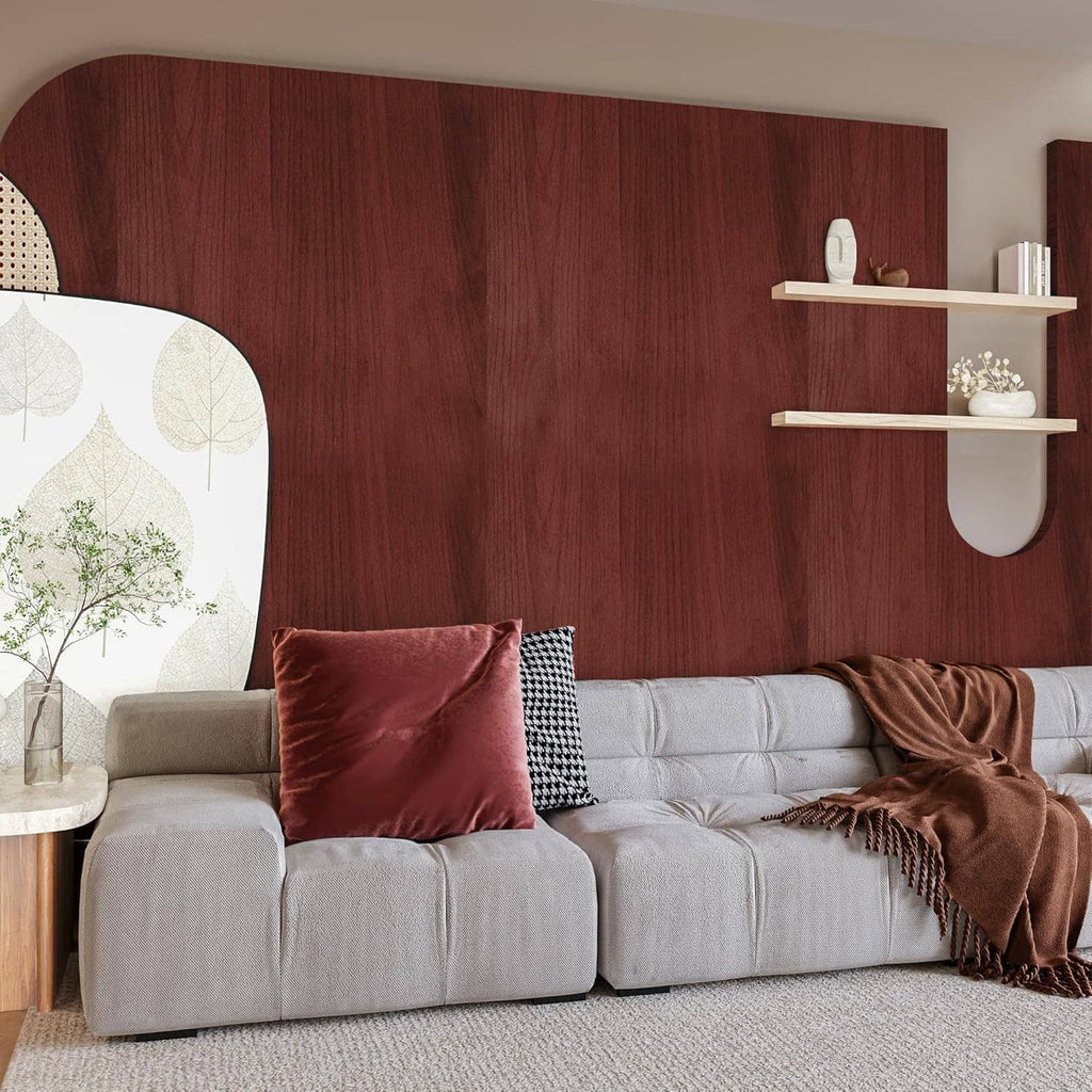 Cherry wood contact paper woodgrain accent wall finish in a living room