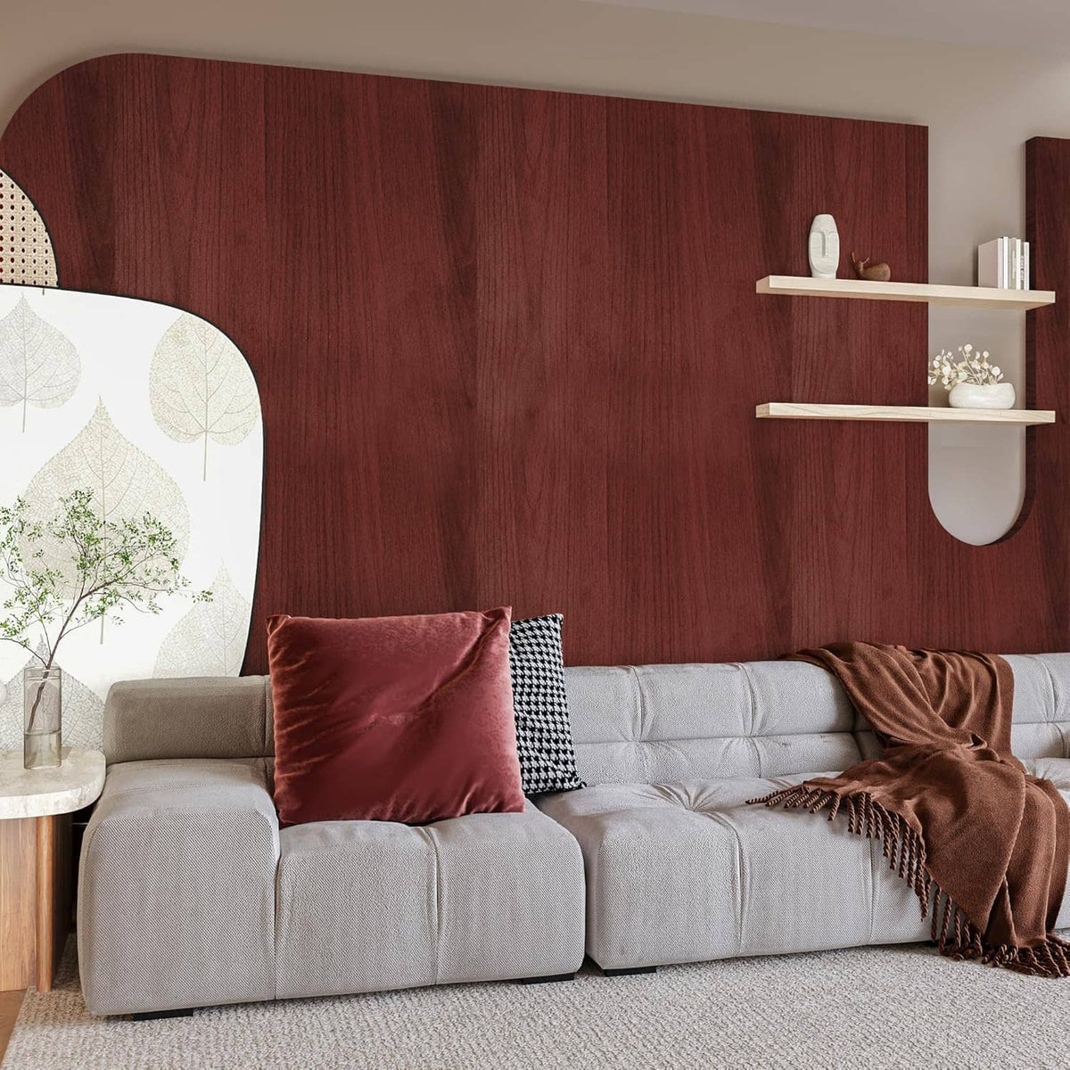 Cherry wood contact paper woodgrain accent wall finish in a living room