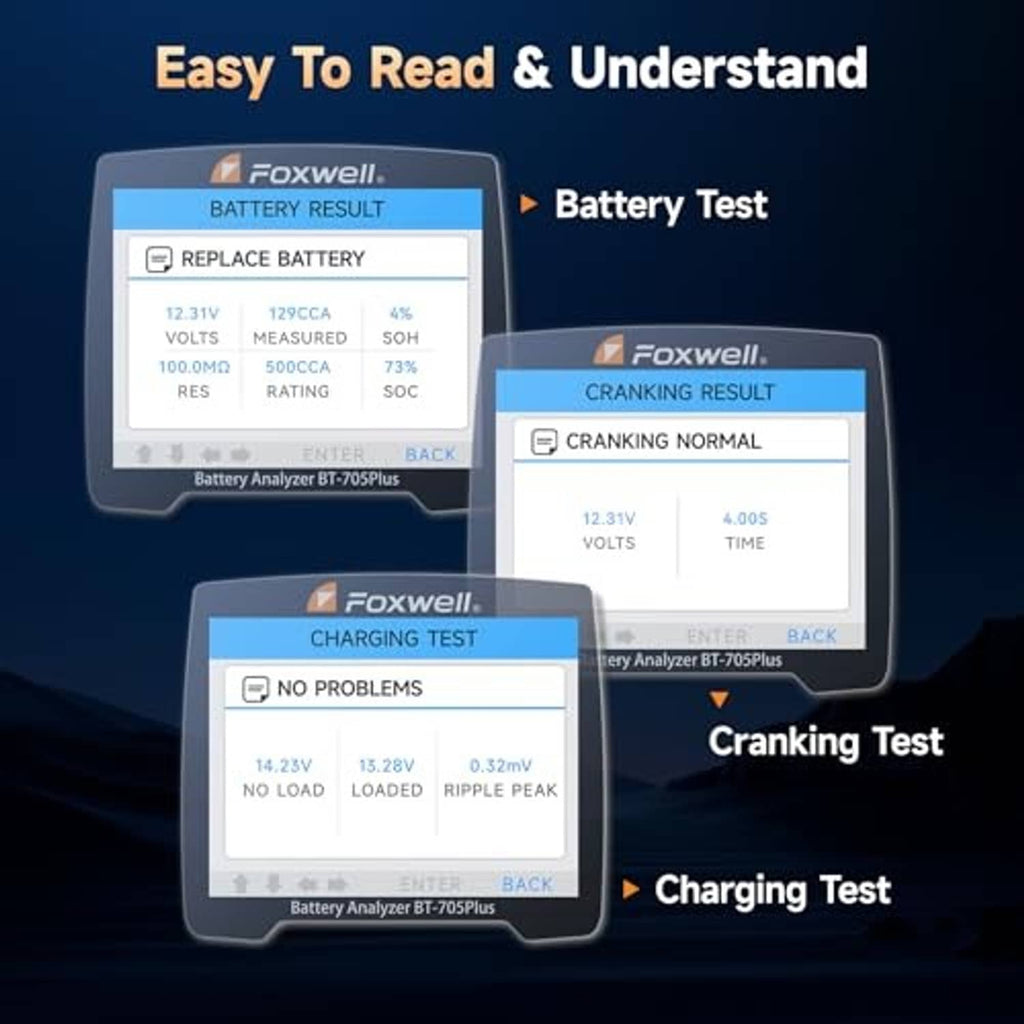 Handheld battery tester with screen showing cranking and charging results