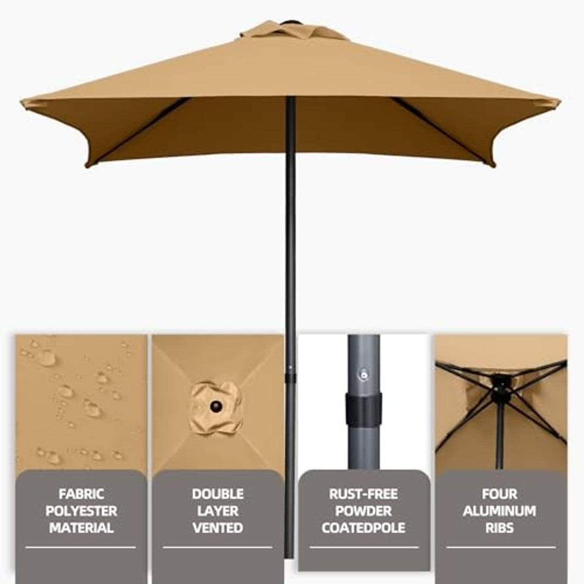 Tan mini square patio umbrella with black pole and reinforced canopy ribs